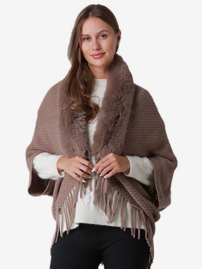 Dame Imiteret Pels Poncho-ærmede Frynser Oversized Cape - Kaffe Brun