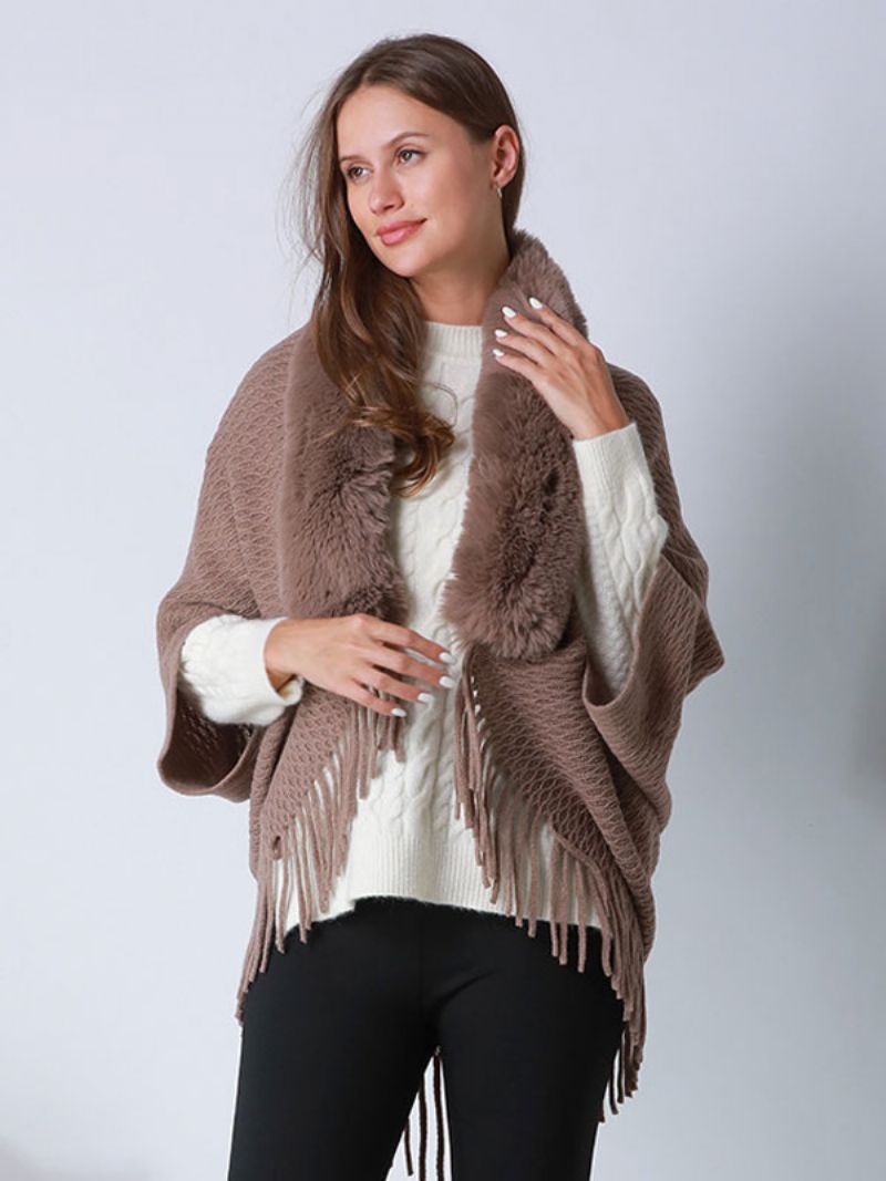 Dame Imiteret Pels Poncho-ærmede Frynser Oversized Cape - Kaffe Brun