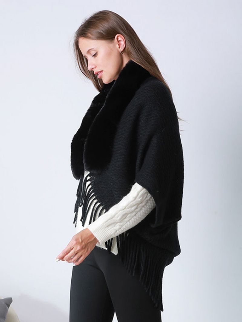 Dame Imiteret Pels Poncho-ærmede Frynser Oversized Cape - Sort