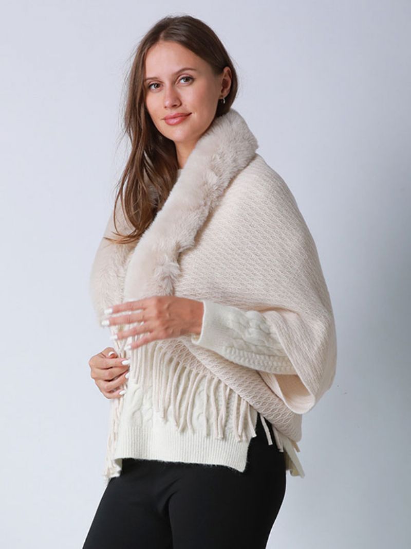 Dame Imiteret Pels Poncho-ærmede Frynser Oversized Cape - Hvid