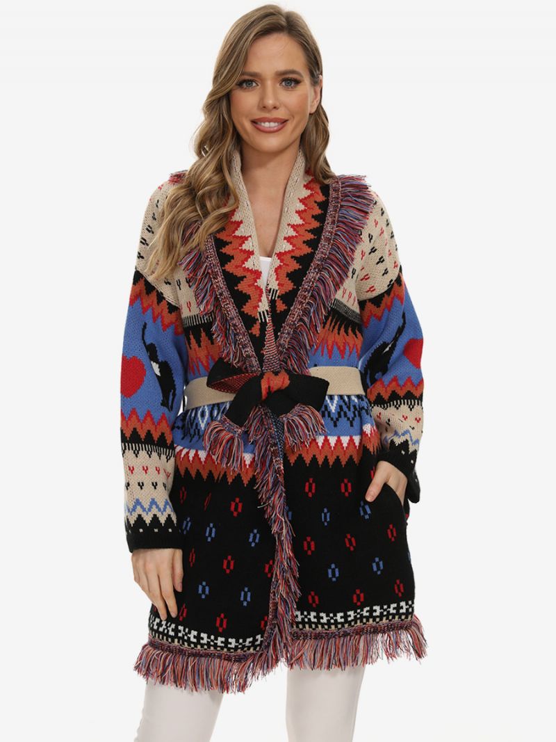 Dame Jacquard Cardigans Kvast Trim Bælte Dyr Geometrisk Boho Sweater