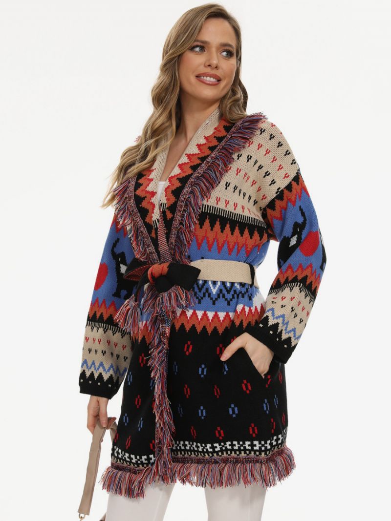 Dame Jacquard Cardigans Kvast Trim Bælte Dyr Geometrisk Boho Sweater - Sort