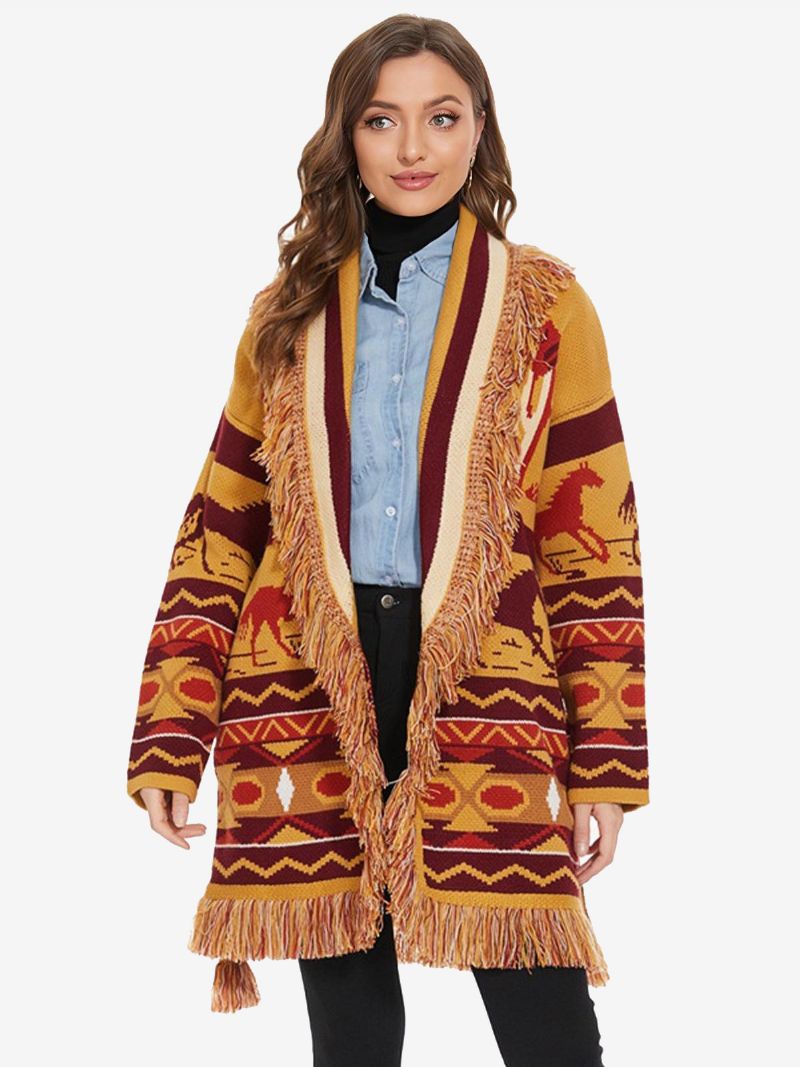 Dame Jacquard Cardigans Kvast Trim Bælte Dyre Mønster Uld Blanding Boho Sweater - Orange