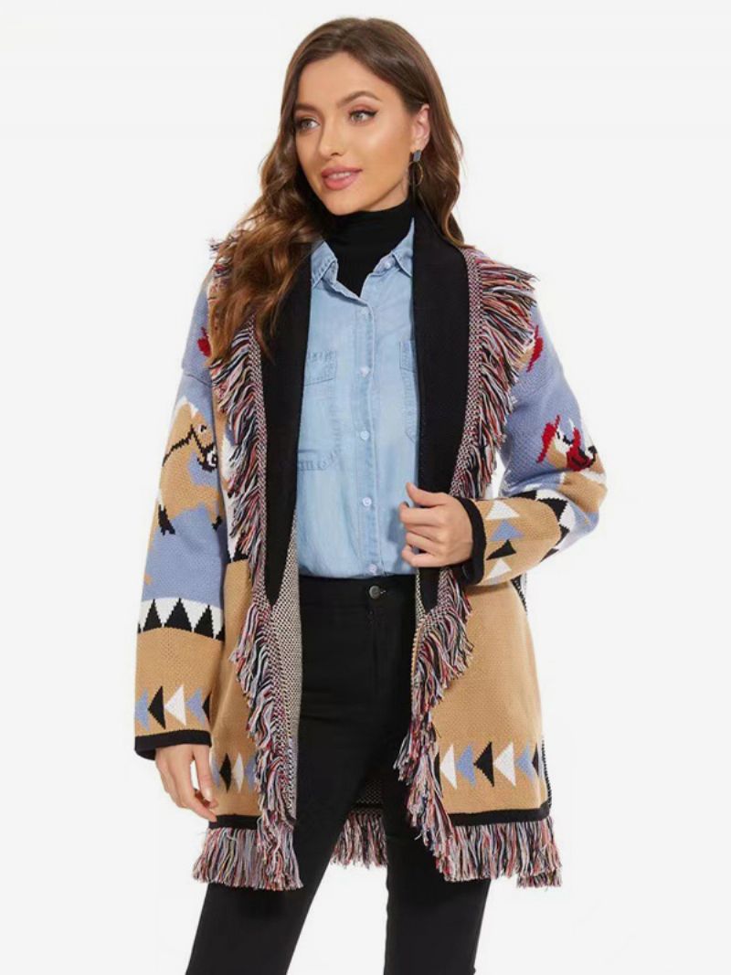 Dame Jacquard Cardigans Kvast Trim Bælte Ride Uld Blanding Boho Sweater - Kaki