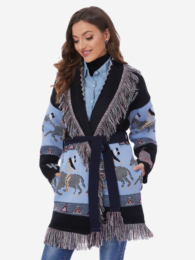 Dame Jacquard Cardigans Kvast Trim Bælte Uld Blanding Boheme Inspireret Sweater - Lys Himmelblå