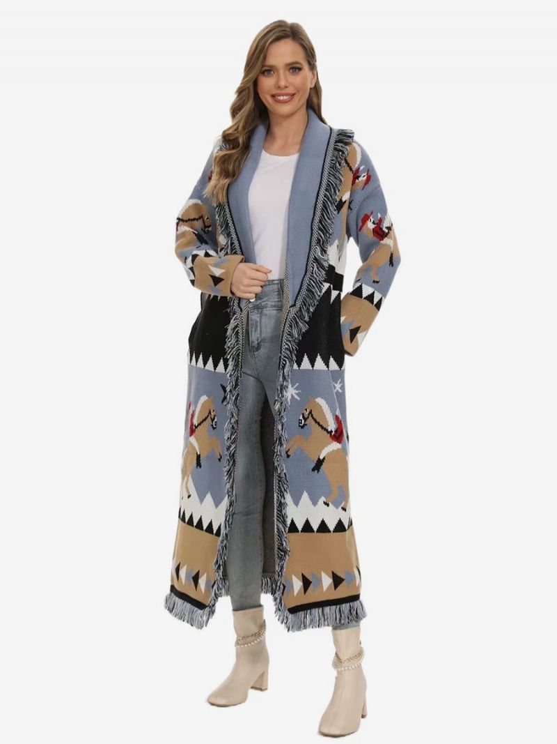 Dame Jacquard Cardigans Kvast Trim Bælte Uld Blanding Boho Longline Sweater - Lys Himmelblå