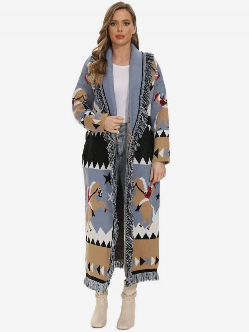 Dame Jacquard Cardigans Kvast Trim Bælte Uld Blanding Boho Longline Sweater - Lys Himmelblå