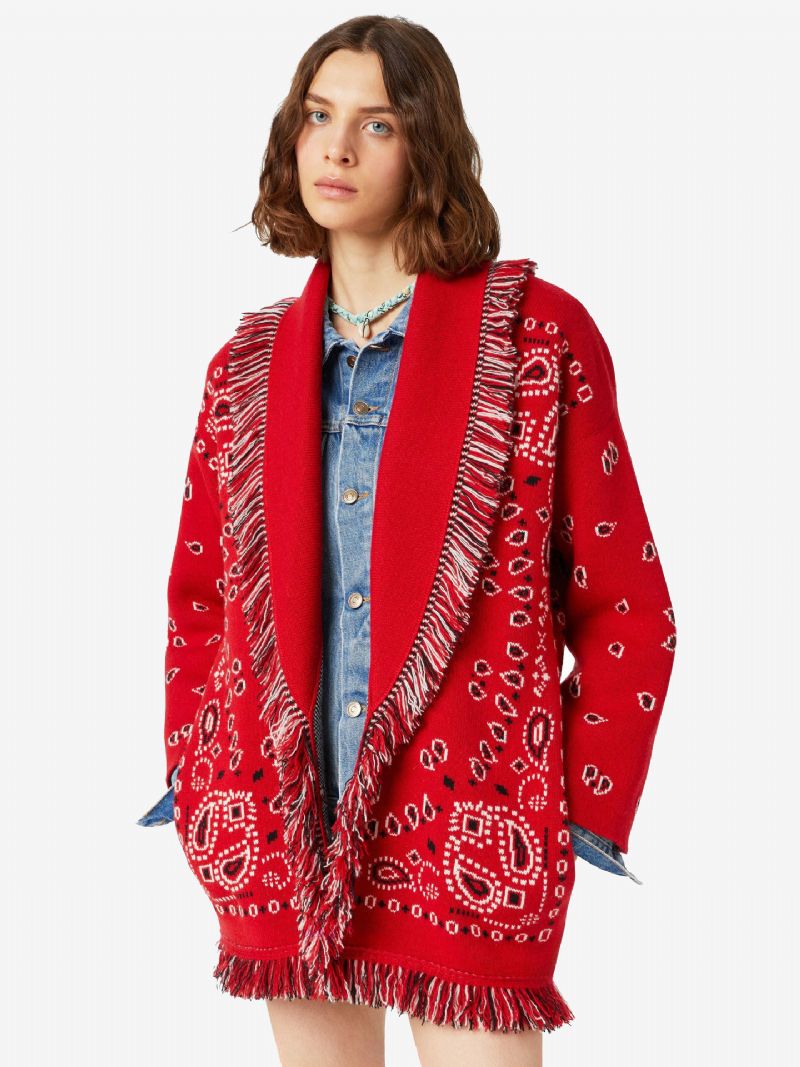 Dame Jacquard Cardigans Paisley Inspireret Kvast Trim Bælte Uld Blanding Boho Sweater