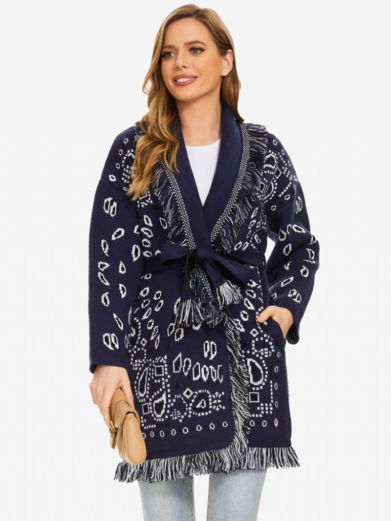 Dame Jacquard Cardigans Paisley Inspireret Kvast Trim Bælte Uld Blanding Boho Sweater - Mørk Navy