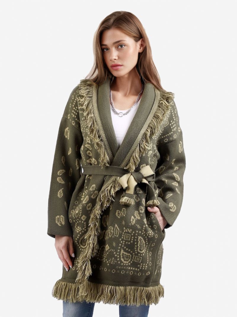 Dame Jacquard Cardigans Paisley Inspireret Kvast Trim Bælte Uld Blanding Boho Sweater - Jægergrøn