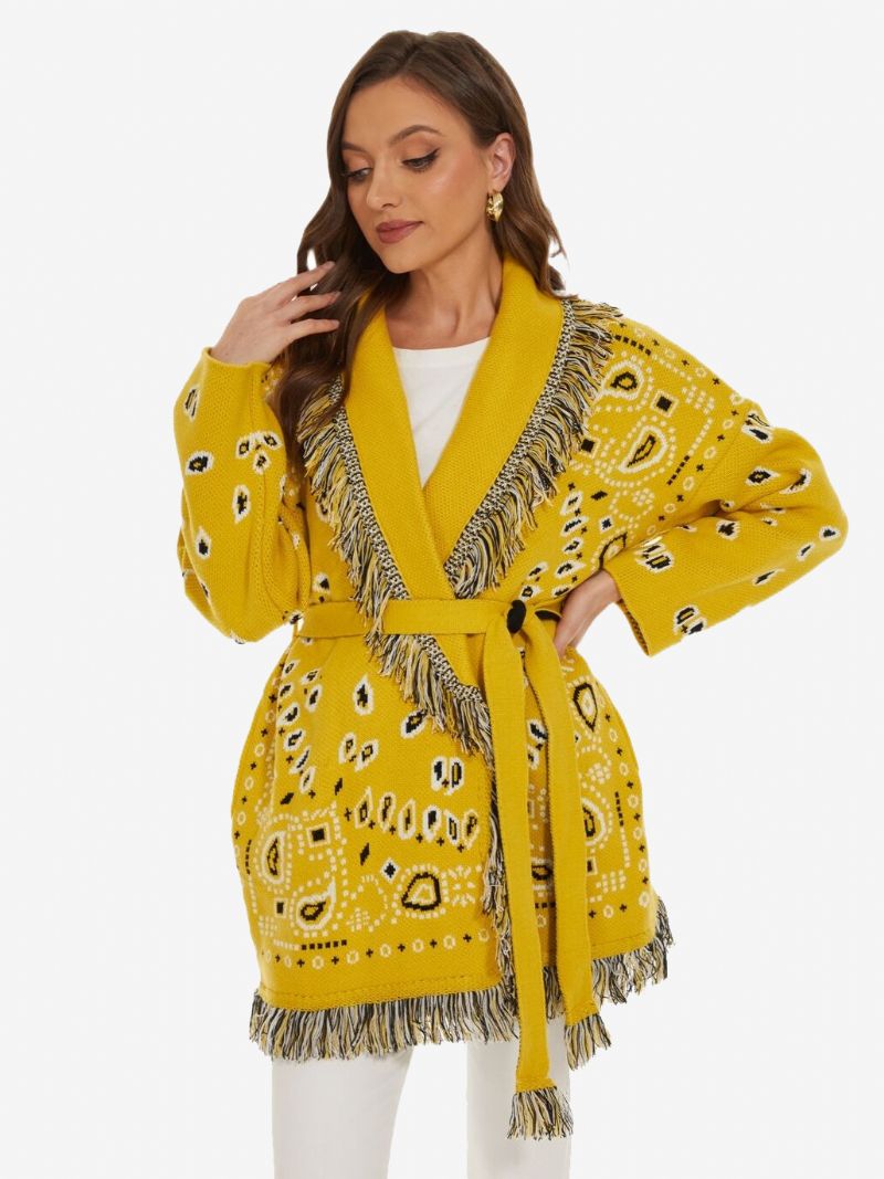 Dame Jacquard Cardigans Paisley Inspireret Kvast Trim Bælte Uld Blanding Boho Sweater - Gul