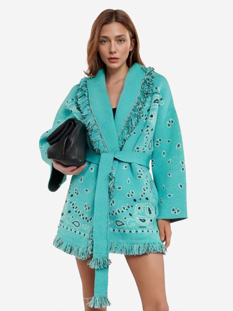 Dame Jacquard Cardigans Paisley Inspireret Kvast Trim Bælte Uld Blanding Boho Sweater - Mintgrøn