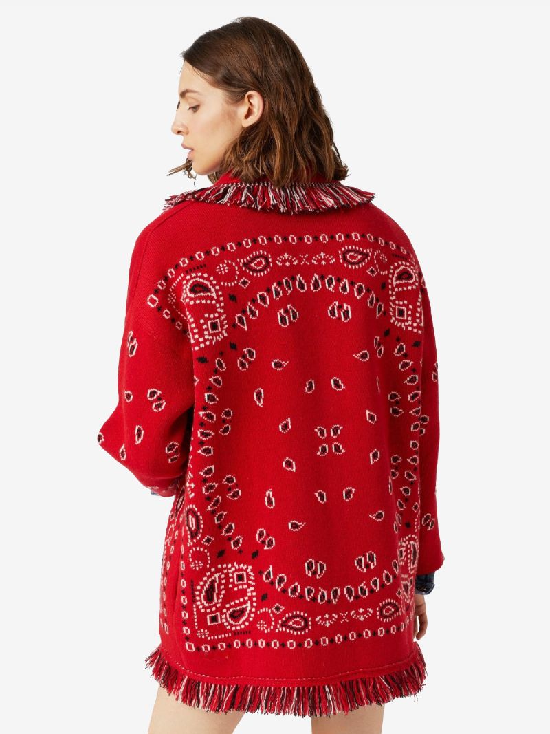 Dame Jacquard Cardigans Paisley Inspireret Kvast Trim Bælte Uld Blanding Boho Sweater - Rød