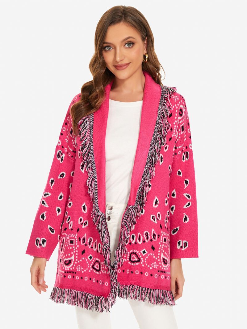 Dame Jacquard Cardigans Paisley Inspireret Kvast Trim Bælte Uld Blanding Boho Sweater - Rose