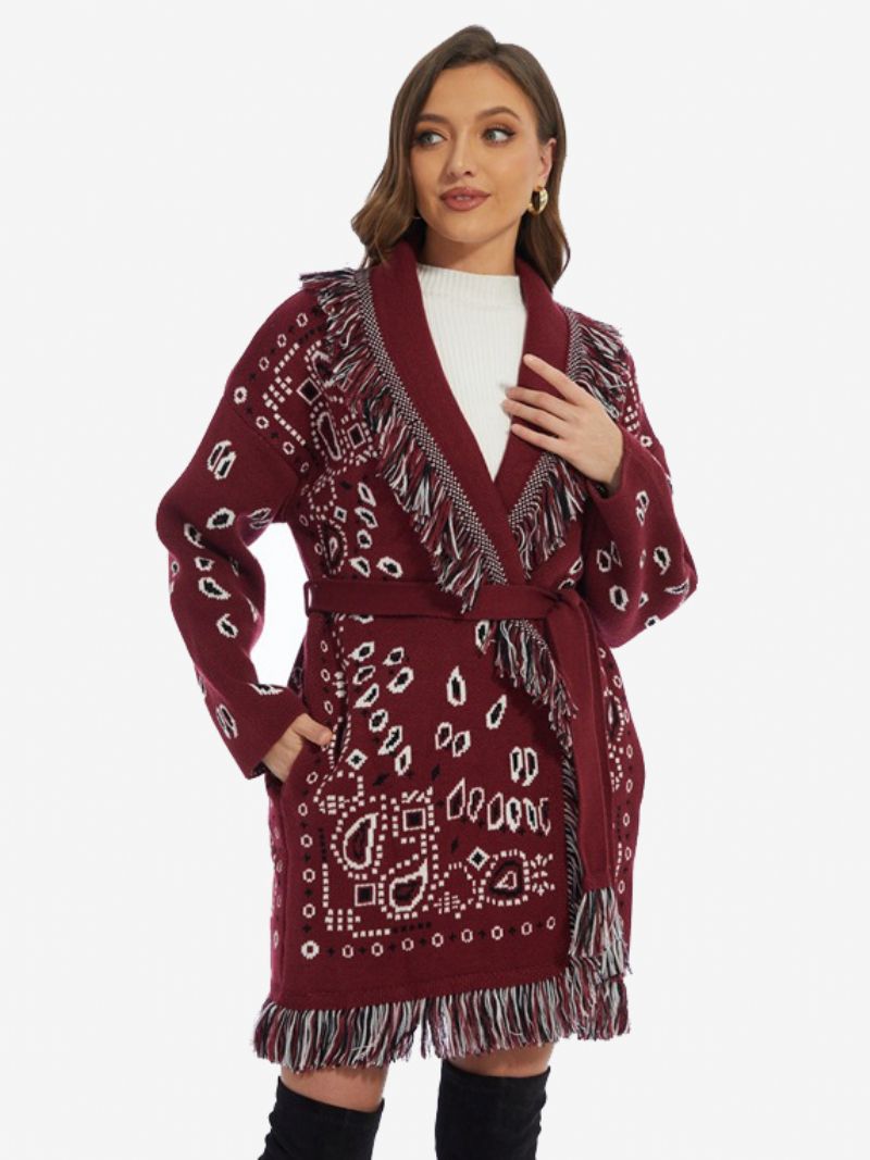 Dame Jacquard Cardigans Paisley Inspireret Kvast Trim Bælte Uld Blanding Boho Sweater - Burgunder