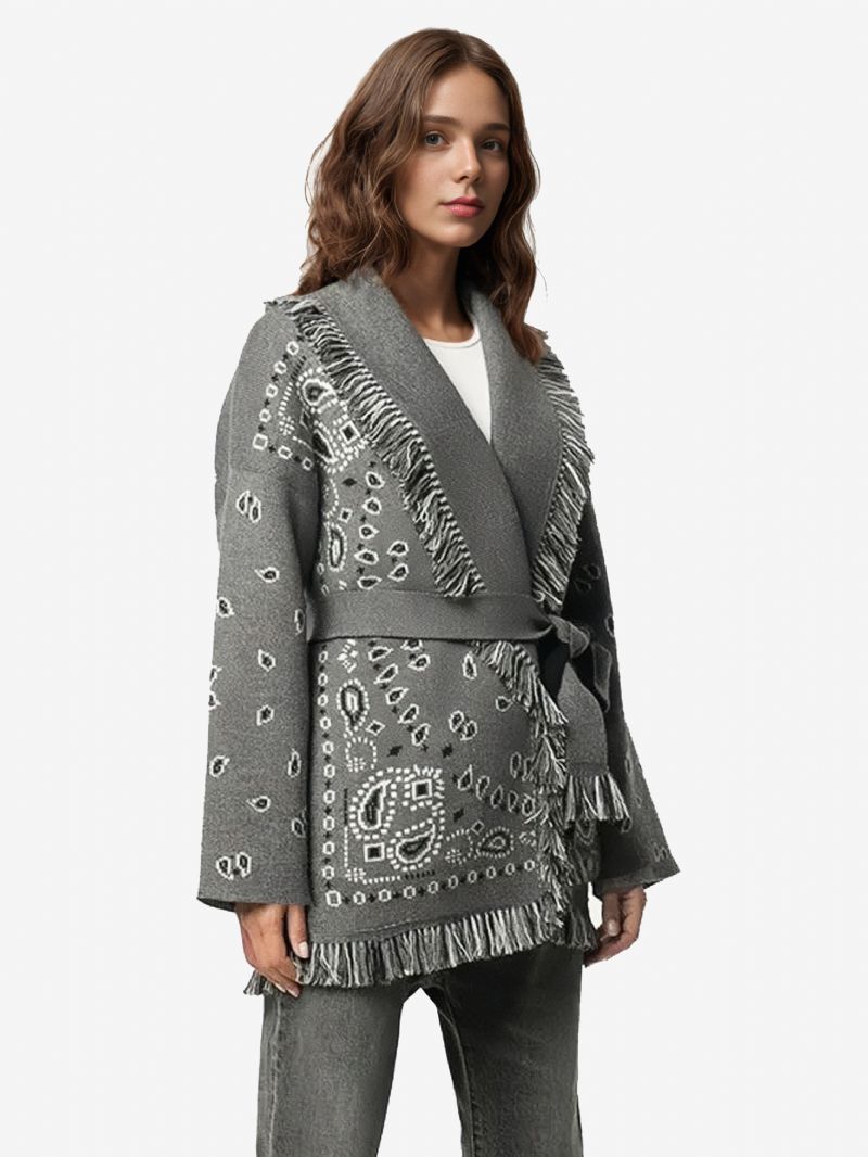 Dame Jacquard Cardigans Paisley Inspireret Kvast Trim Bælte Uld Blanding Boho Sweater - Grå