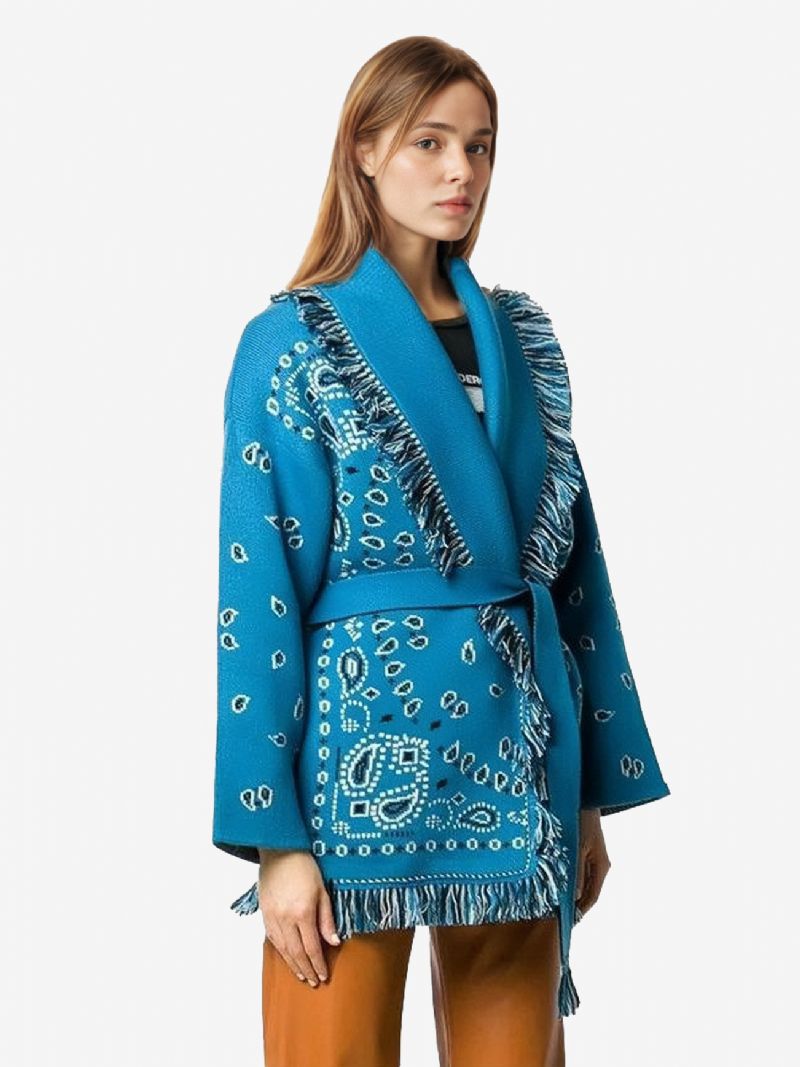 Dame Jacquard Cardigans Paisley Inspireret Kvast Trim Bælte Uld Blanding Boho Sweater - Teal