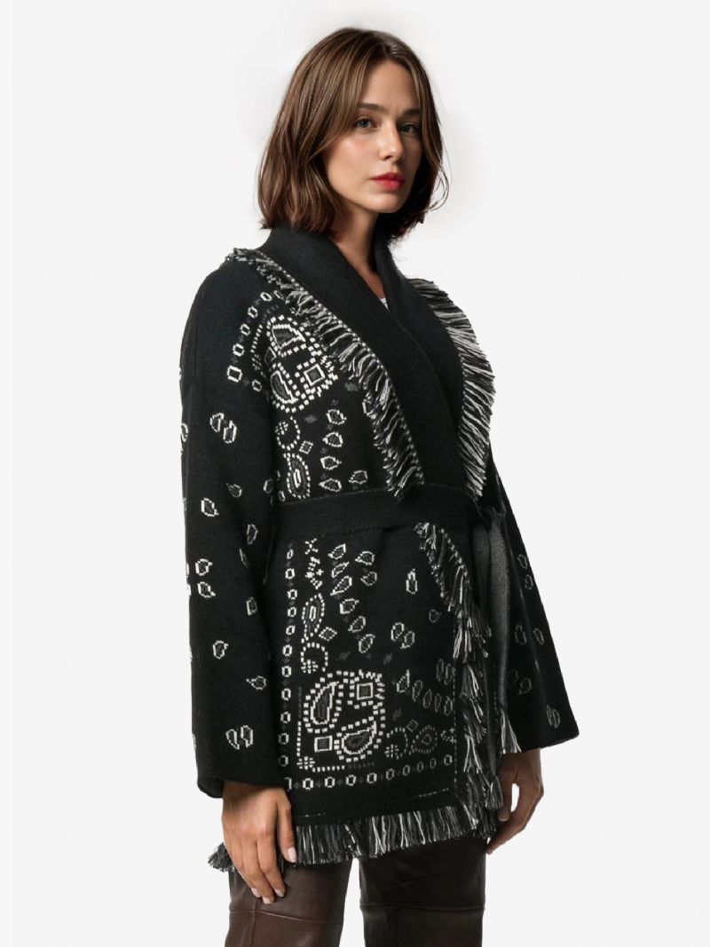 Dame Jacquard Cardigans Paisley Inspireret Kvast Trim Bælte Uld Blanding Boho Sweater - Sort