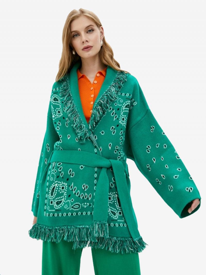 Dame Jacquard Cardigans Paisley Inspireret Kvast Trim Bælte Uld Blanding Boho Sweater - Mørkegrøn