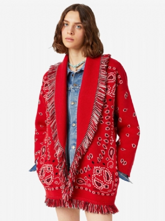 Dame Jacquard Cardigans Paisley Inspireret Kvast Trim Bælte Uld Blanding Boho Sweater