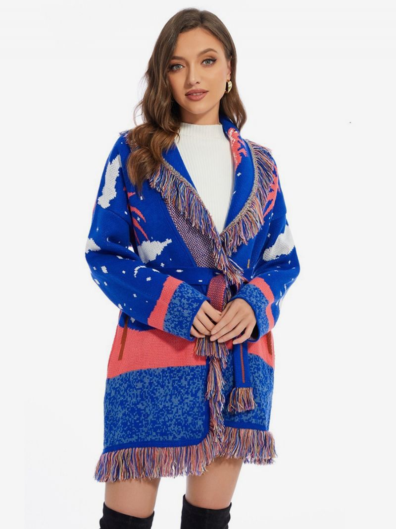 Dame Jacquard Cardigans Skyer Kvast Trim Bælte Uld Blanding Boho Sweater - Blå