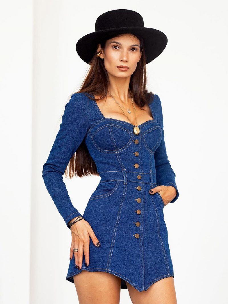 Dame Jeans Bodycon Kjole Sweetheart Neck Buttons Mini Skede Kjoler - Blå