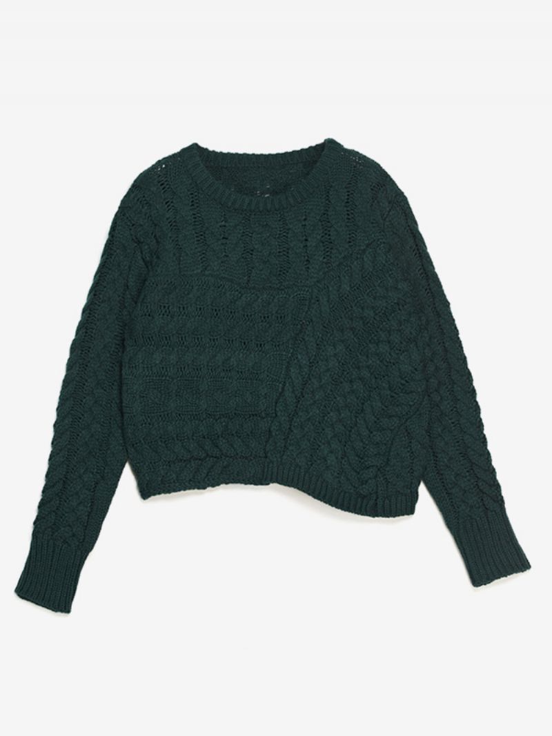 Dame Kabelstrikket Sweater Med Rund Hals Og Lange Ærmer Ribbet Manchet Afslappet Trøje - Mørk Navy