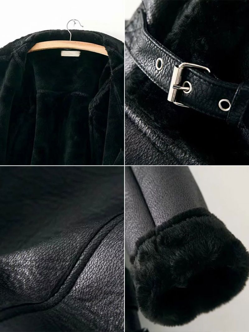 Dame Læderjakke Faux Shearling Pu Moto Jakke Vinterovertøj - Sort