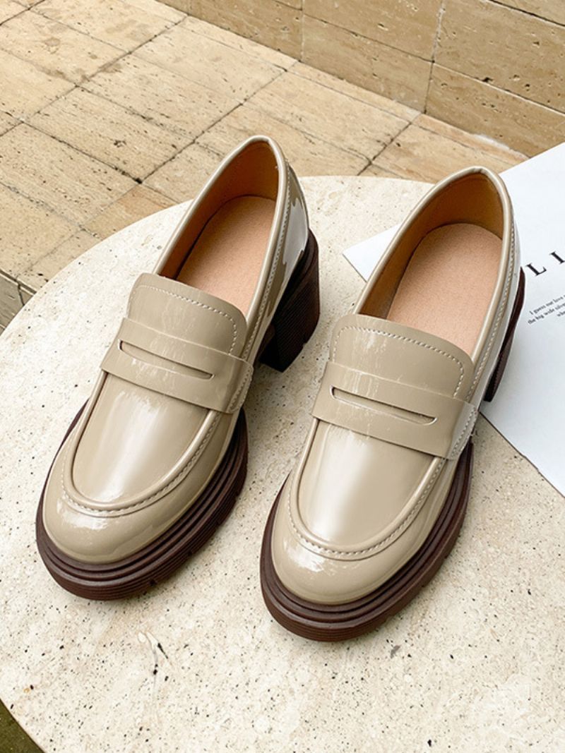 Dame Loafers Sort Rund Tå Chunky Hæl Patent Pu Øvre - Beige