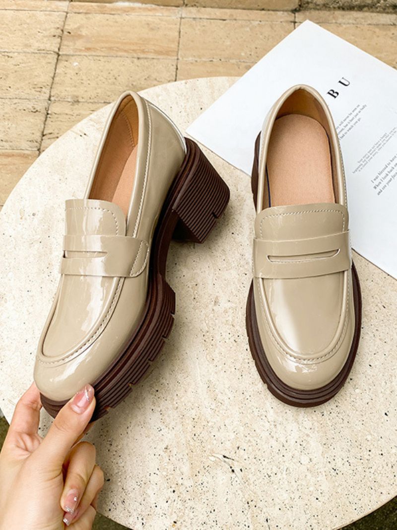 Dame Loafers Sort Rund Tå Chunky Hæl Patent Pu Øvre - Beige