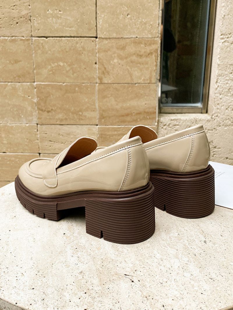 Dame Loafers Sort Rund Tå Chunky Hæl Patent Pu Øvre - Beige