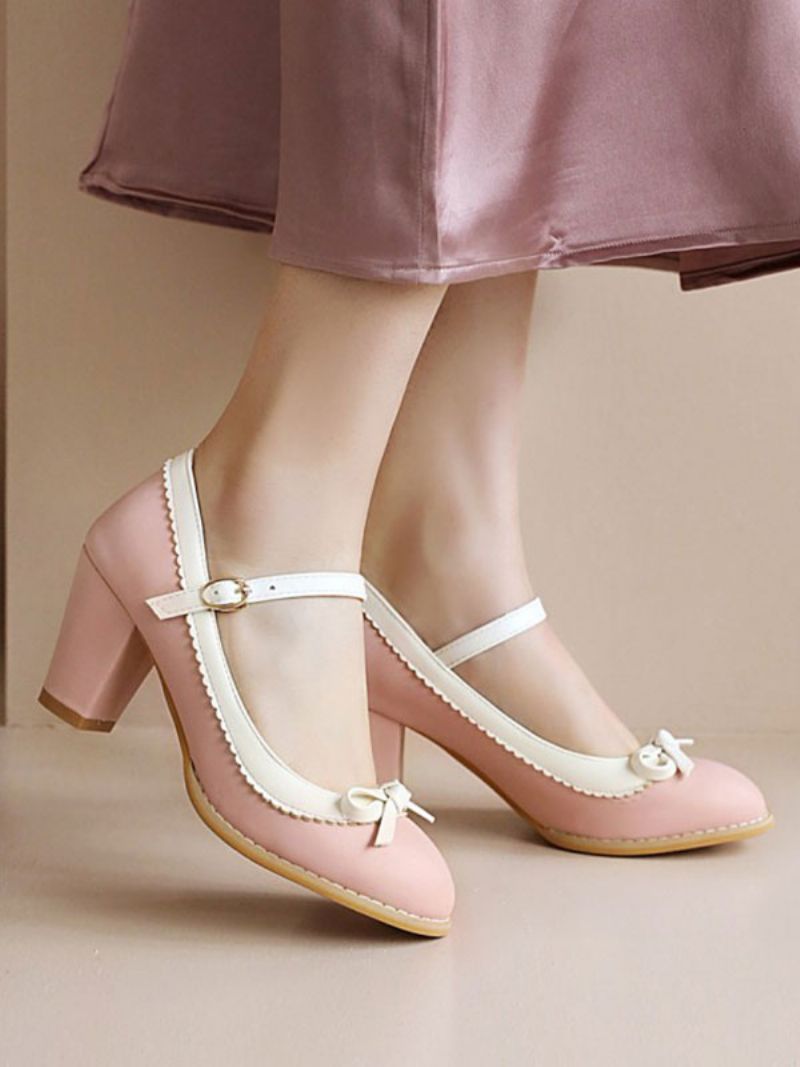 Dame Med Mellemlave Hæle Rød Rund Tå Pu Læder Snøre Chunky Hæl Elegante Pumps Vintage Sko - Pink