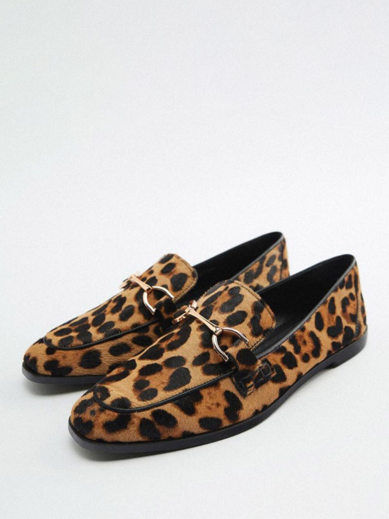 Dame Metaldetaljer Leopardprint Loafers Fladt Hestehår