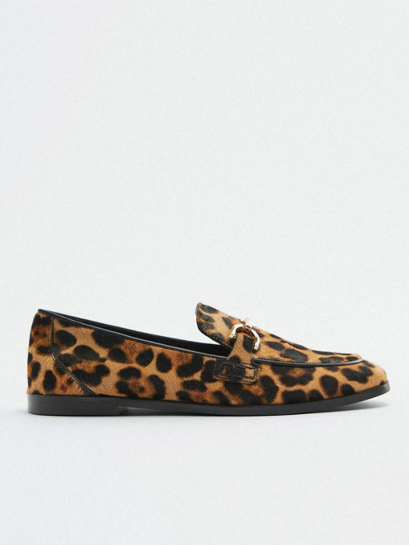 Dame Metaldetaljer Leopardprint Loafers Fladt Hestehår - Leopard