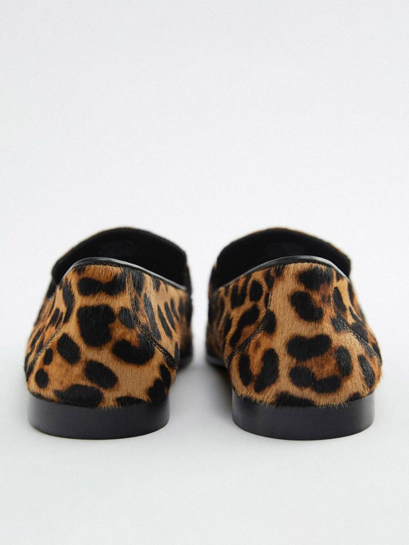 Dame Metaldetaljer Leopardprint Loafers Fladt Hestehår - Leopard