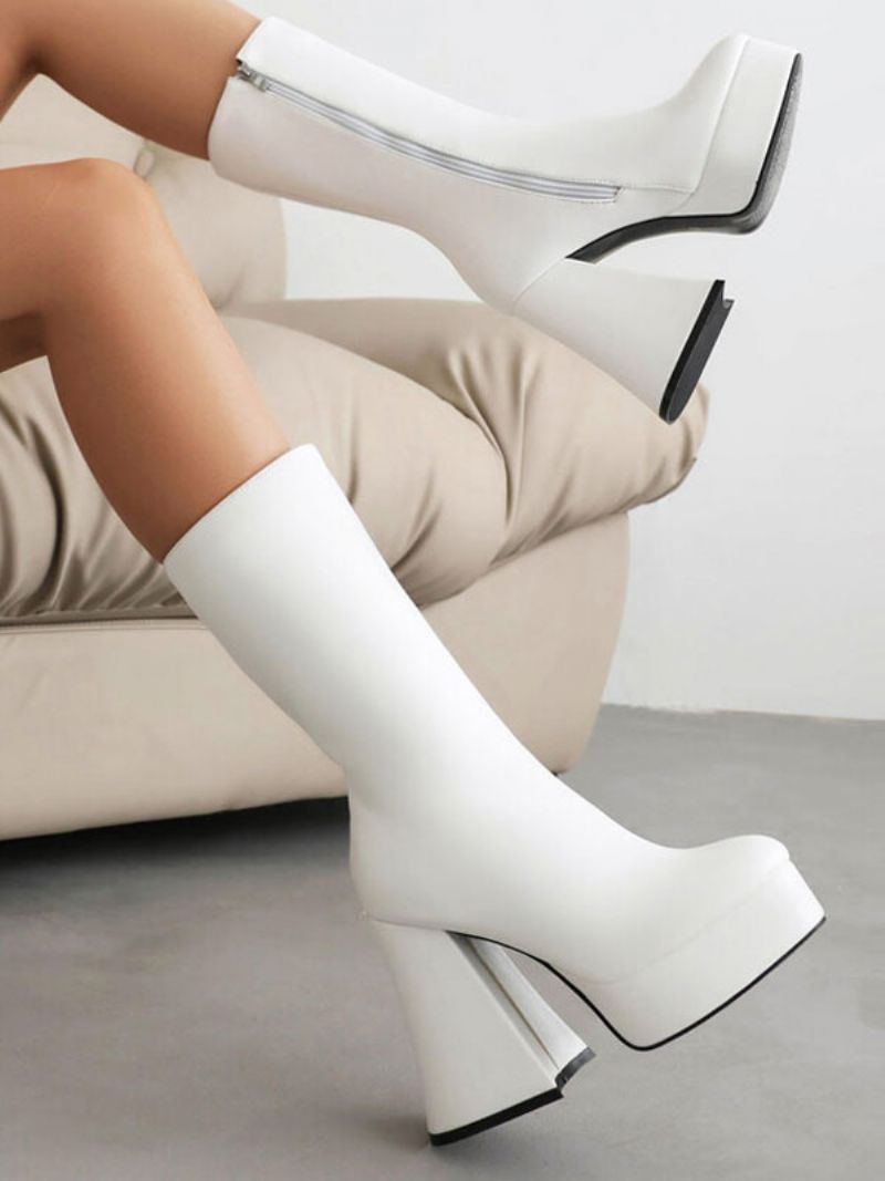 Dame Mid Calf Støvler Pu Læder Rund Toe Chunky Heel - Hvid