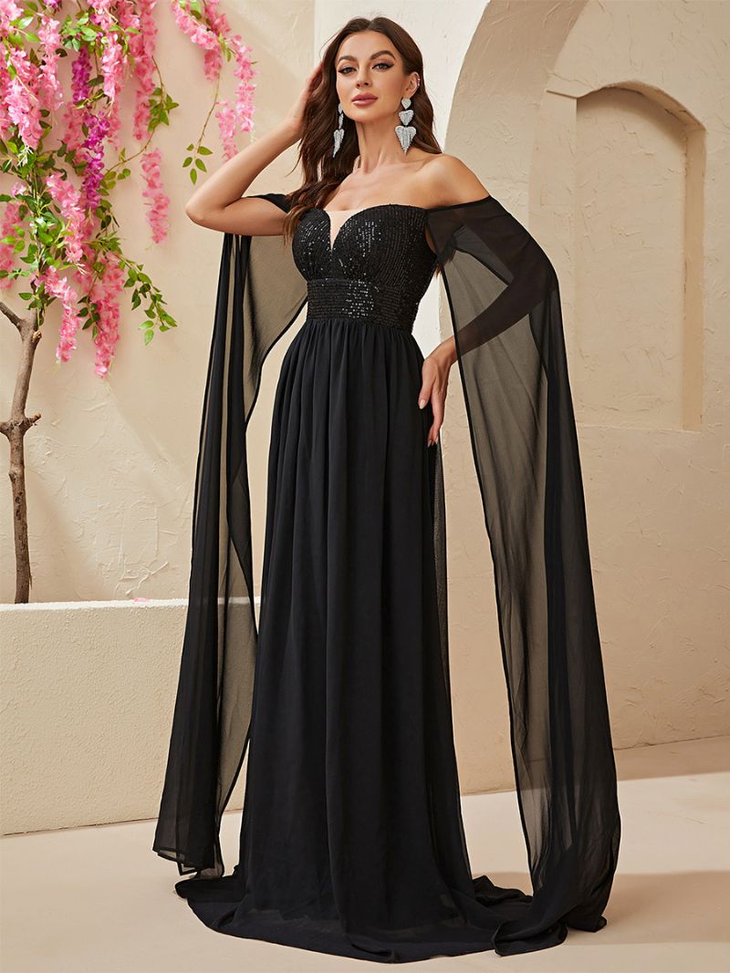 Dame Pailletter Dress Off The Shoulder Empire Waist Prom Maxi Kjoler I Sort - Sort