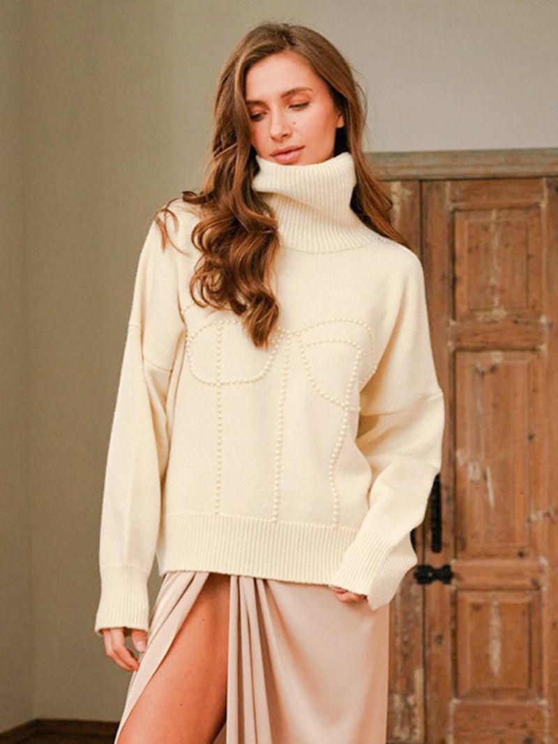 Dame Perletrøje Polohals Drop Shoulder Ribbed Oversized Pullover - Hvid