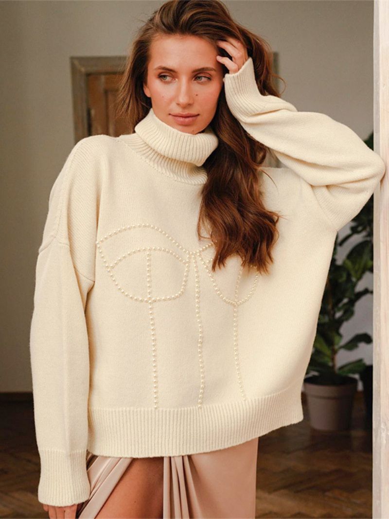 Dame Perletrøje Polohals Drop Shoulder Ribbed Oversized Pullover - Hvid