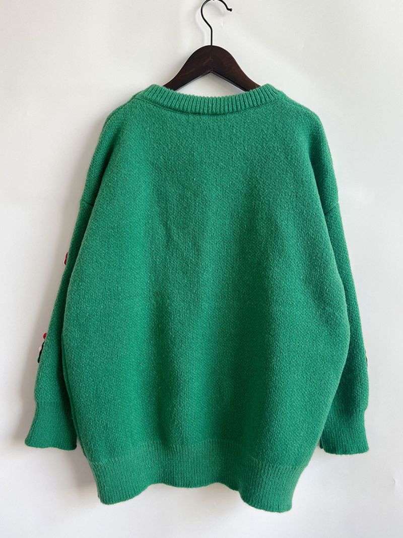 Dame Pom Poms Sweater Med Rund Hals Og Lange Ærmer Ribstrikket Manchettrøje - Grøn