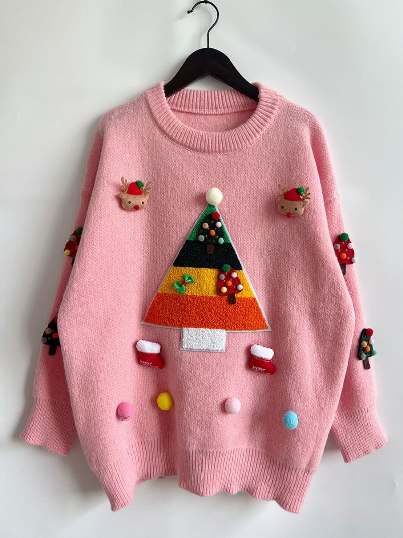 Dame Pom Poms Sweater Med Rund Hals Og Lange Ærmer Ribstrikket Manchettrøje - Pink