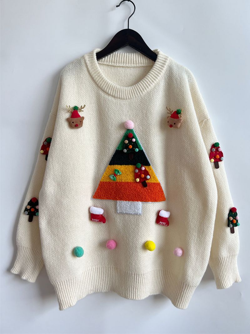 Dame Pom Poms Sweater Med Rund Hals Og Lange Ærmer Ribstrikket Manchettrøje - Hvid