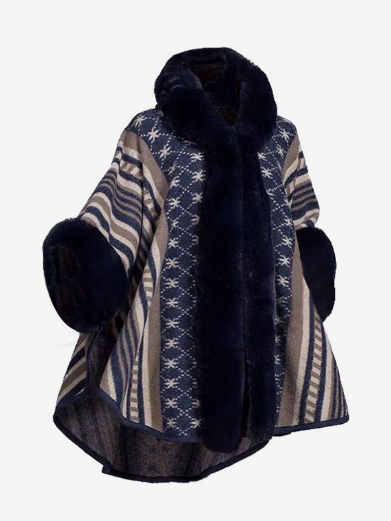 Dame Poncho Cape Coat Med Hætte Varmt Vinterovertøj - Mørk Navy