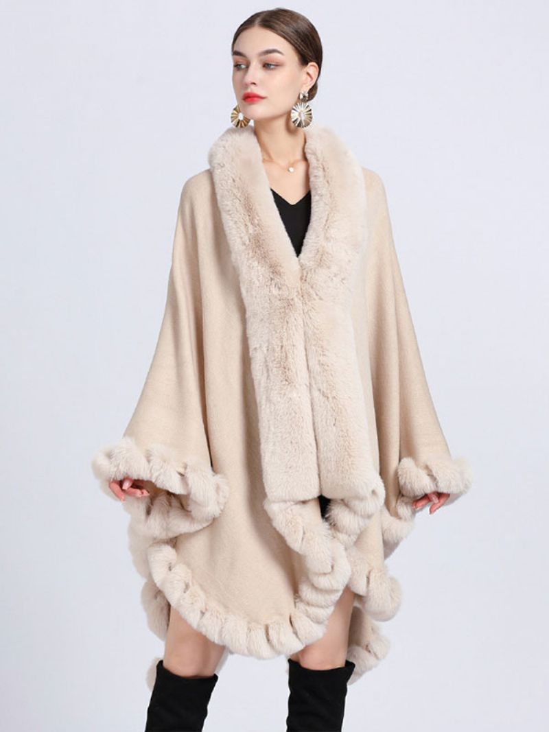 Dame Poncho Coat Imiteret Pels Cape Vinter Ydertøj - Beige