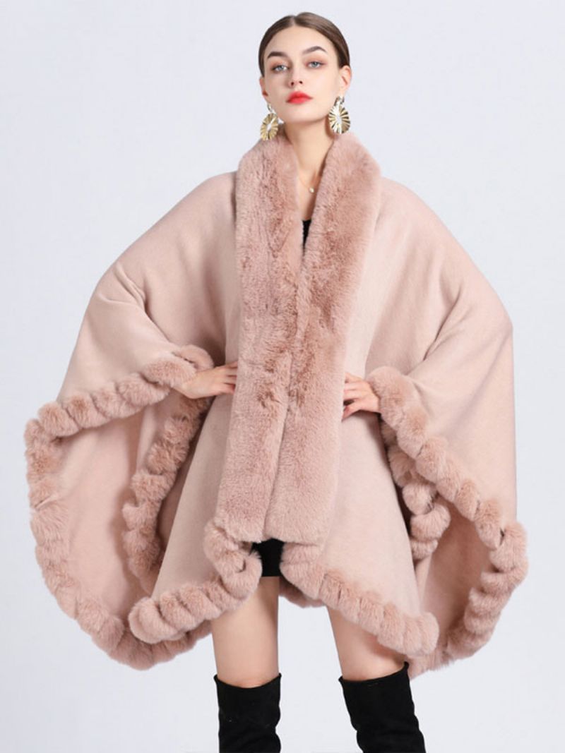 Dame Poncho Coat Imiteret Pels Cape Vinter Ydertøj - Pink