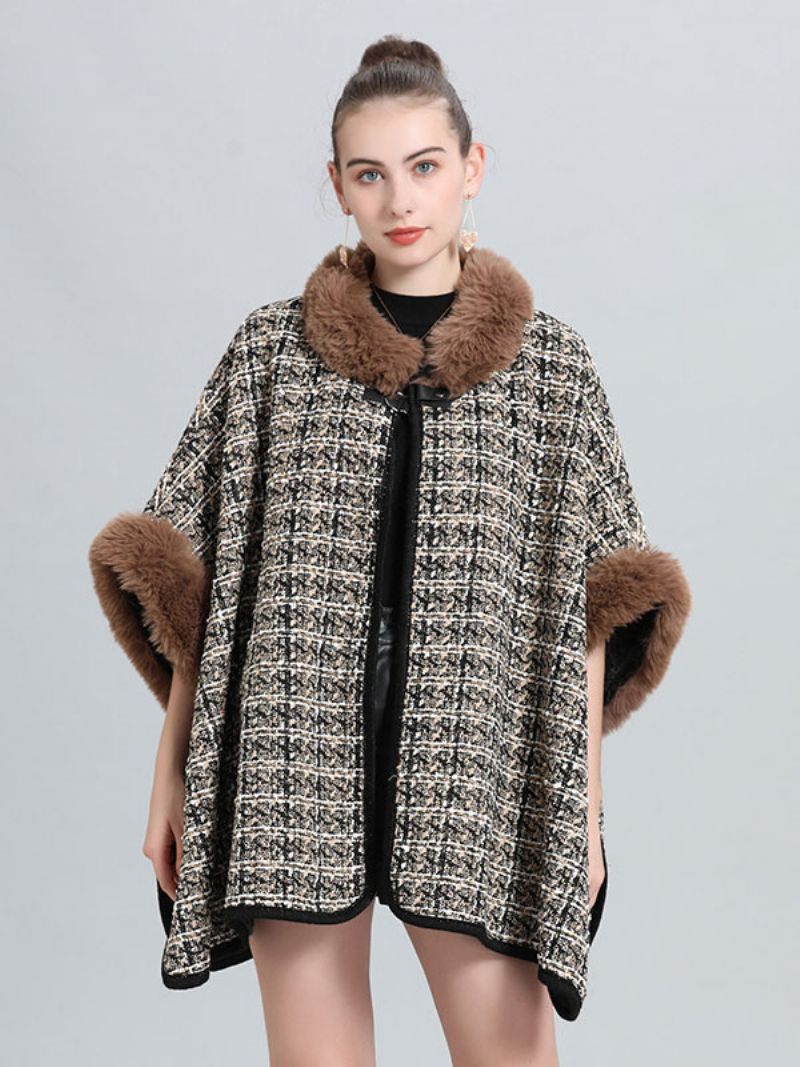 Dame Poncho Coat Plaid Cape Spring Ydertøj - Kaffebrun