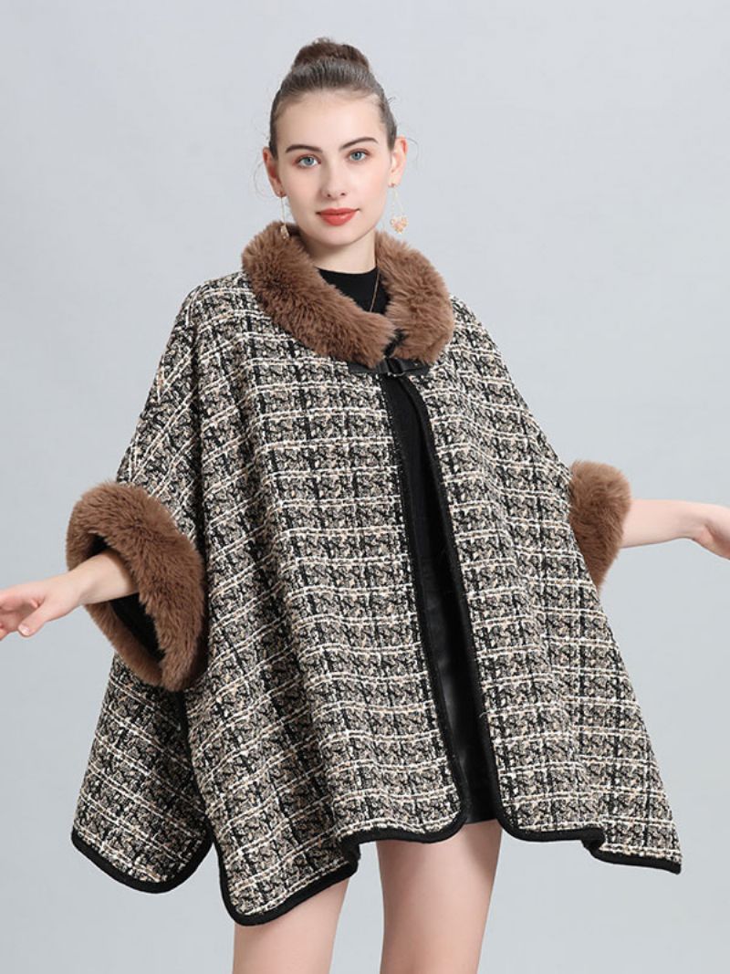 Dame Poncho Coat Plaid Cape Spring Ydertøj - Kaffebrun