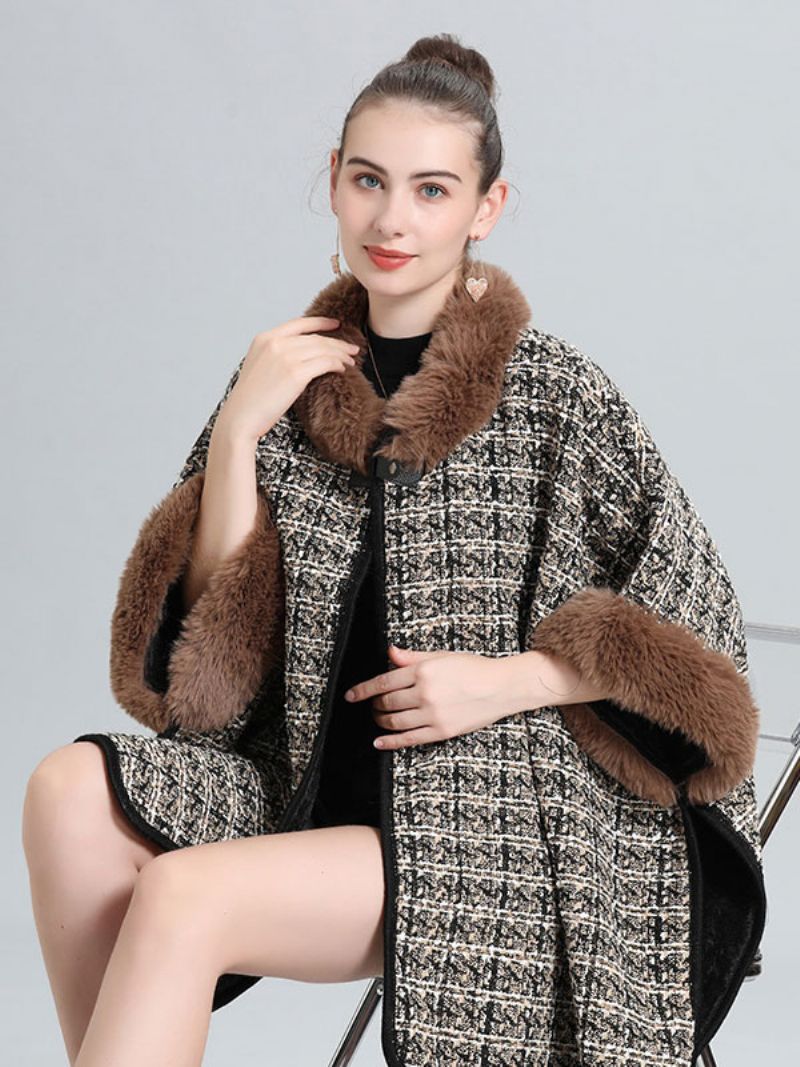 Dame Poncho Coat Plaid Cape Spring Ydertøj - Kaffebrun