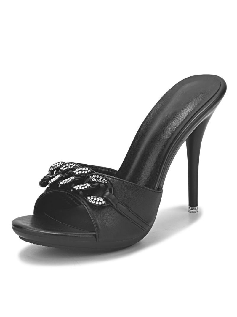 Dame Rhinestone Chains Mule Hæle - Sort