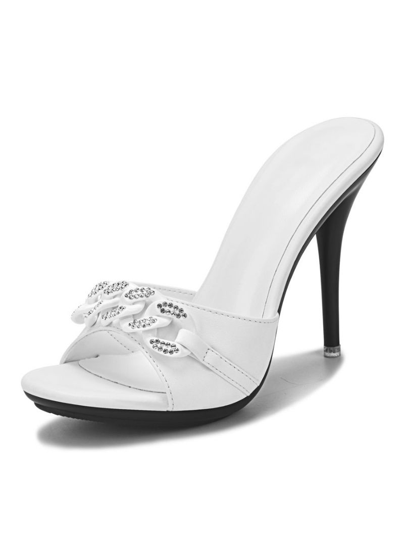 Dame Rhinestone Chains Mule Hæle - Hvid